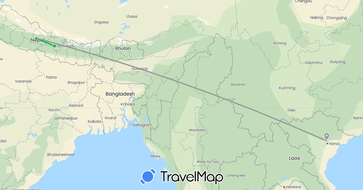 TravelMap itinerary: driving, bus, plane in Nepal, Vietnam (Asia)